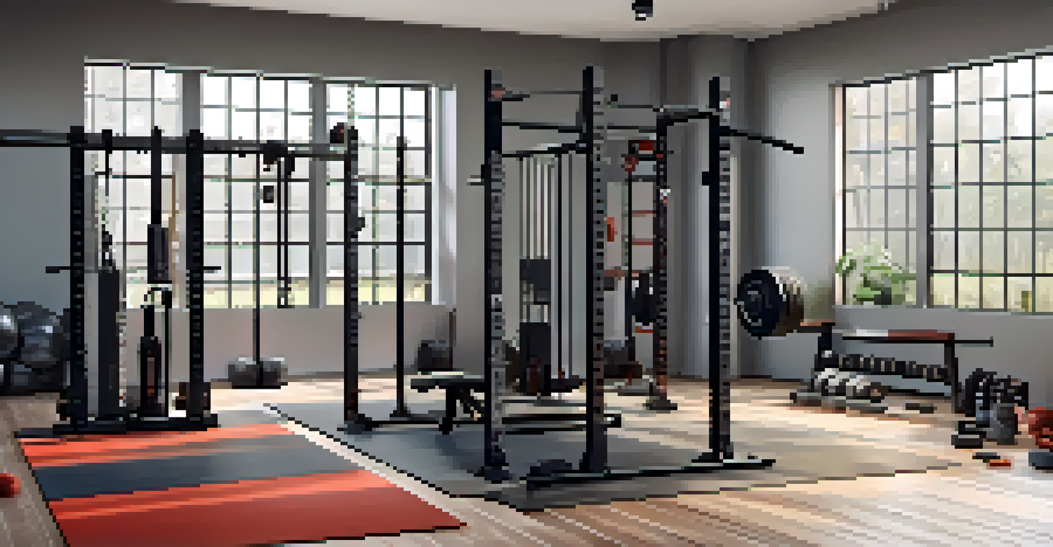 A clean home gym with protective mats and organized powerlifting gear.