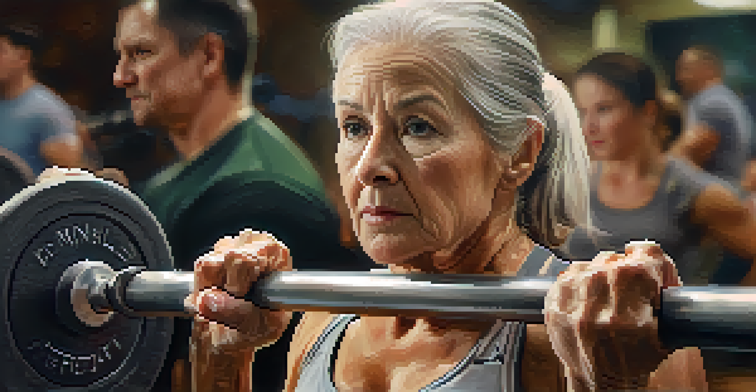 Close-up of a senior woman's hands gripping a barbell, symbolizing strength and determination.