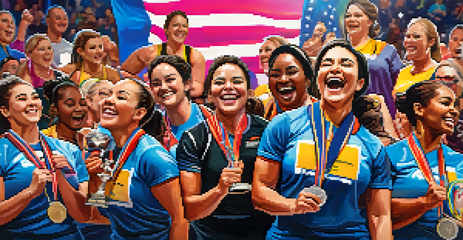 Diverse female powerlifters celebrating at a competition with medals and trophies, showcasing camaraderie and empowerment.