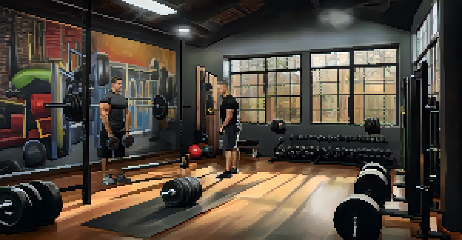 An experienced powerlifter mentoring a beginner in a local gym, with training equipment around them and a warm, inviting atmosphere.