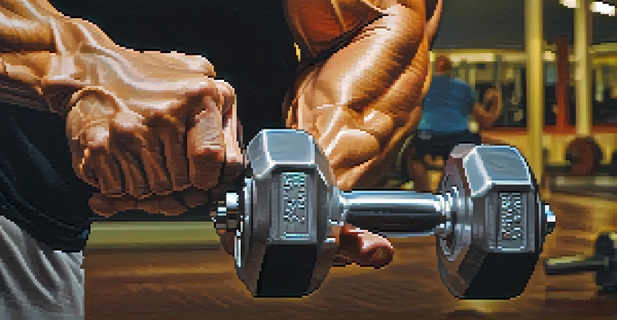 A close-up image of a muscular arm lifting a dumbbell, highlighting muscle definition and gym environment.