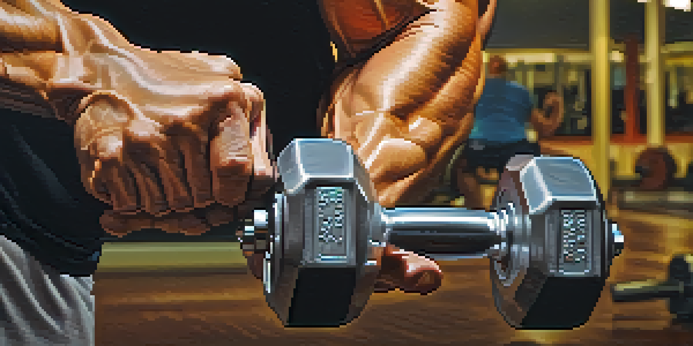 A close-up image of a muscular arm lifting a dumbbell, highlighting muscle definition and gym environment.