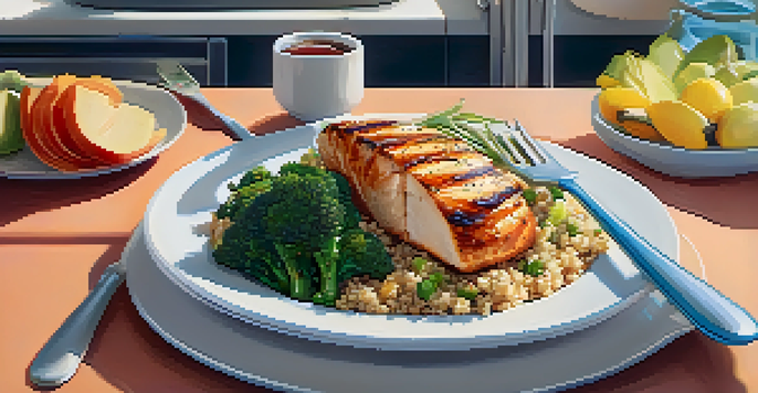 A healthy post-workout meal consisting of grilled chicken breast, quinoa, and steamed broccoli on a colorful plate in a bright kitchen.