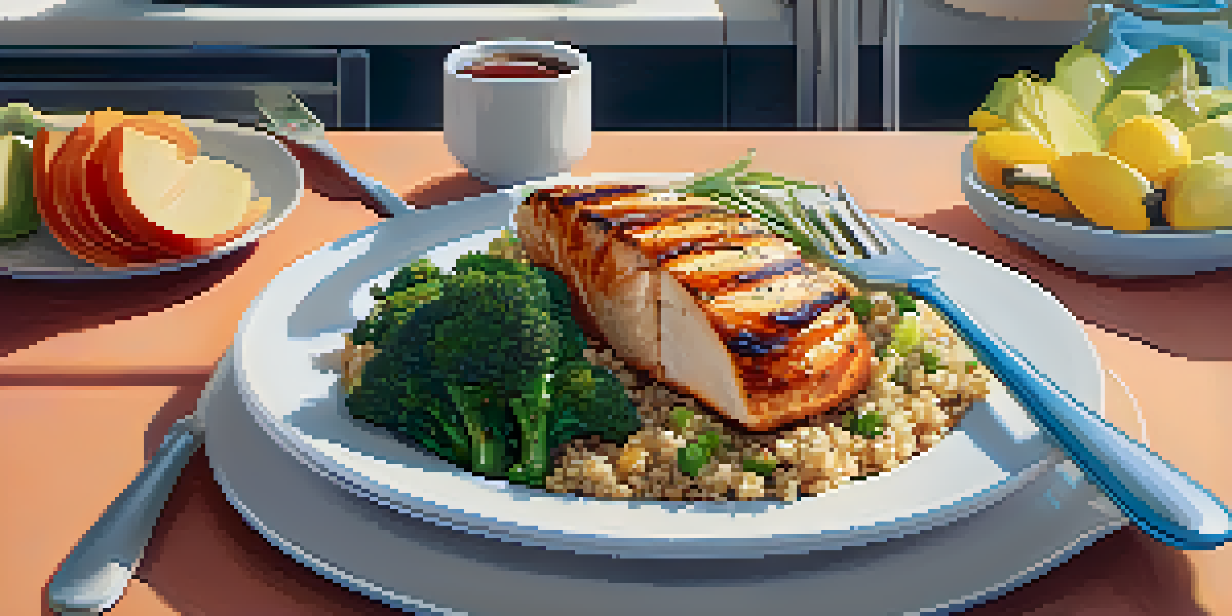 A healthy post-workout meal consisting of grilled chicken breast, quinoa, and steamed broccoli on a colorful plate in a bright kitchen.