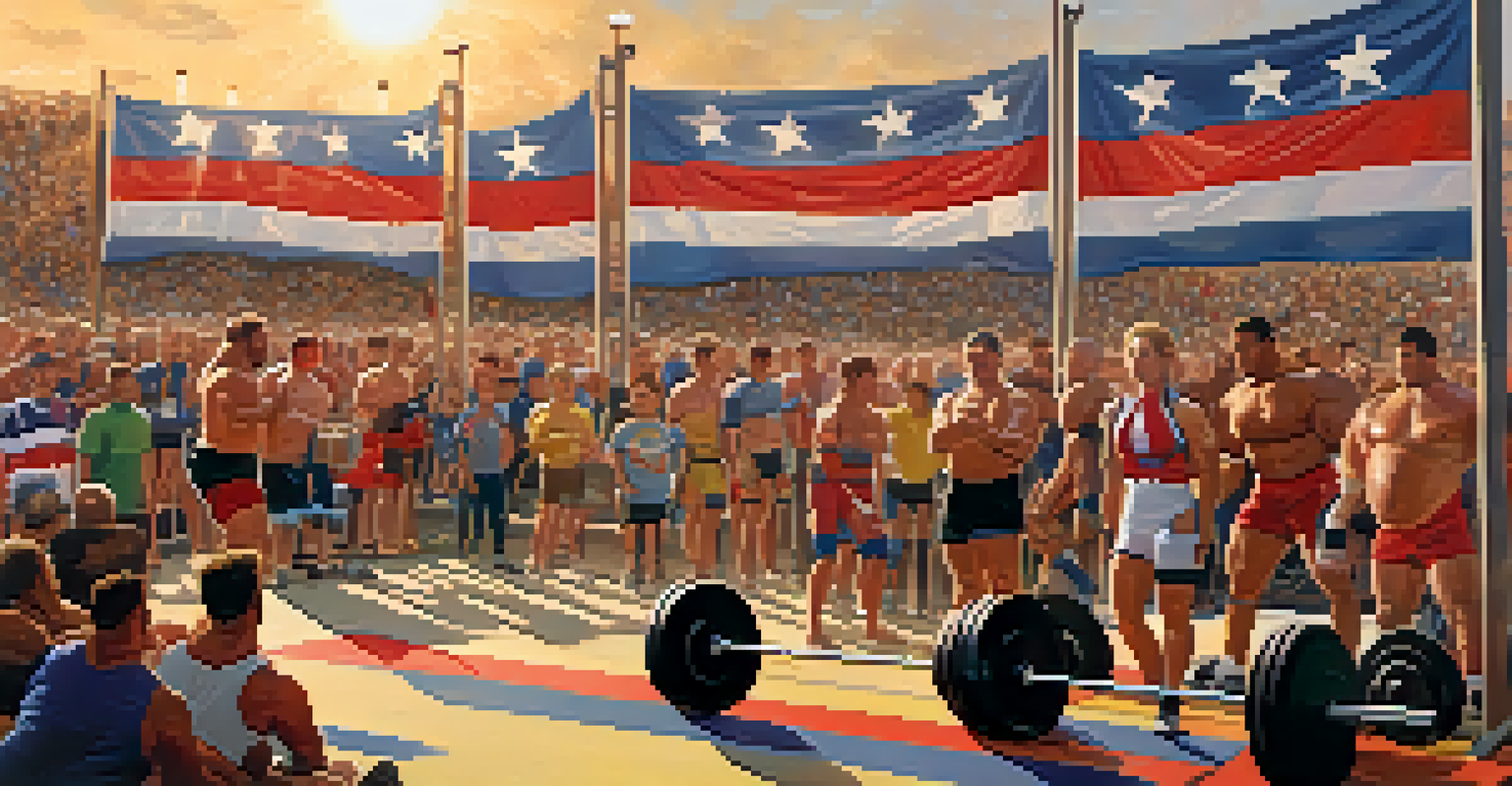 An outdoor scene of a powerlifting competition with athletes and cheering spectators.