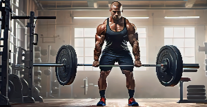 A powerlifter performing a deadlift in a gym, dressed in athletic gear, with gym equipment and motivational posters in the background.