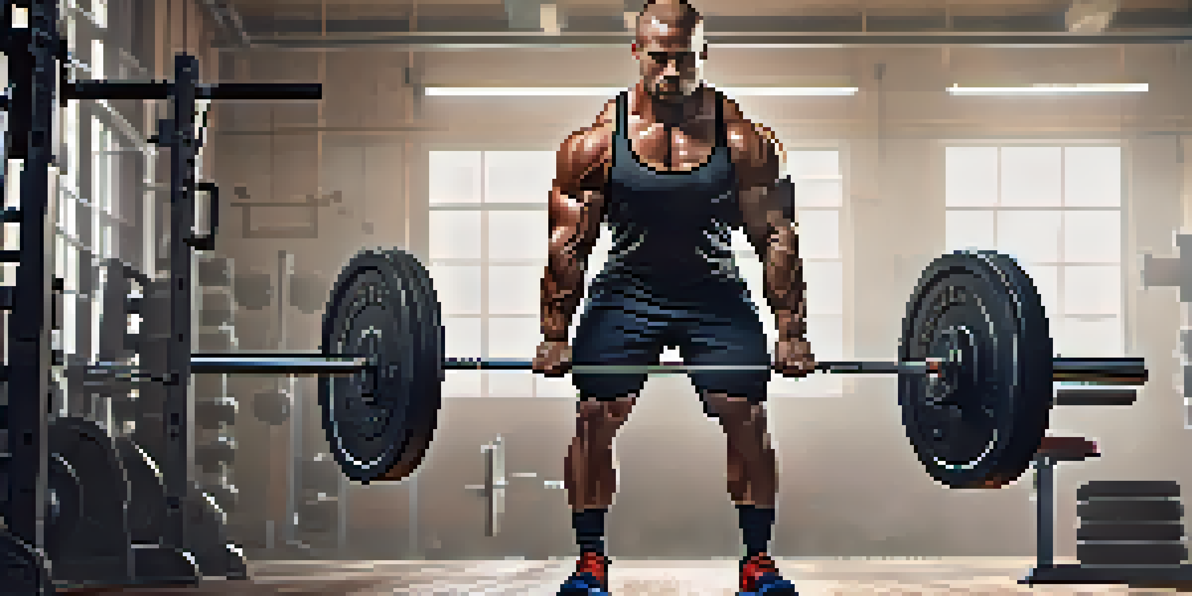 A powerlifter performing a deadlift in a gym, dressed in athletic gear, with gym equipment and motivational posters in the background.