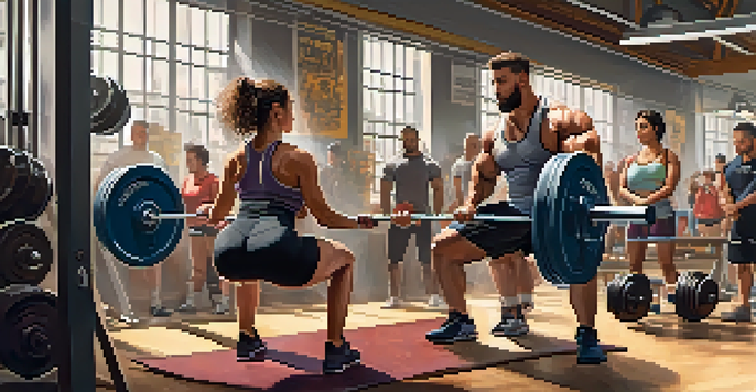 A diverse group of powerlifters in a gym, one female lifter squatting in the foreground and a male lifter bench pressing in the background, surrounded by weights and motivational posters.