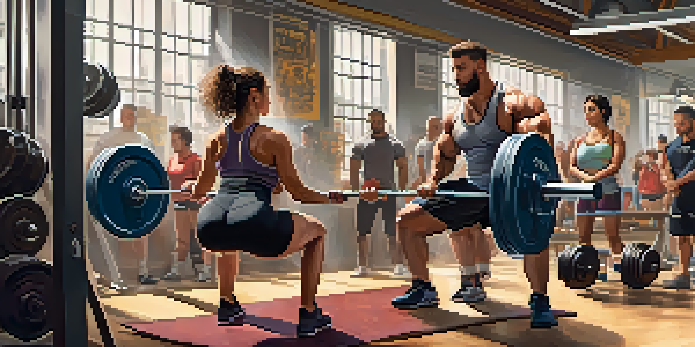 A diverse group of powerlifters in a gym, one female lifter squatting in the foreground and a male lifter bench pressing in the background, surrounded by weights and motivational posters.