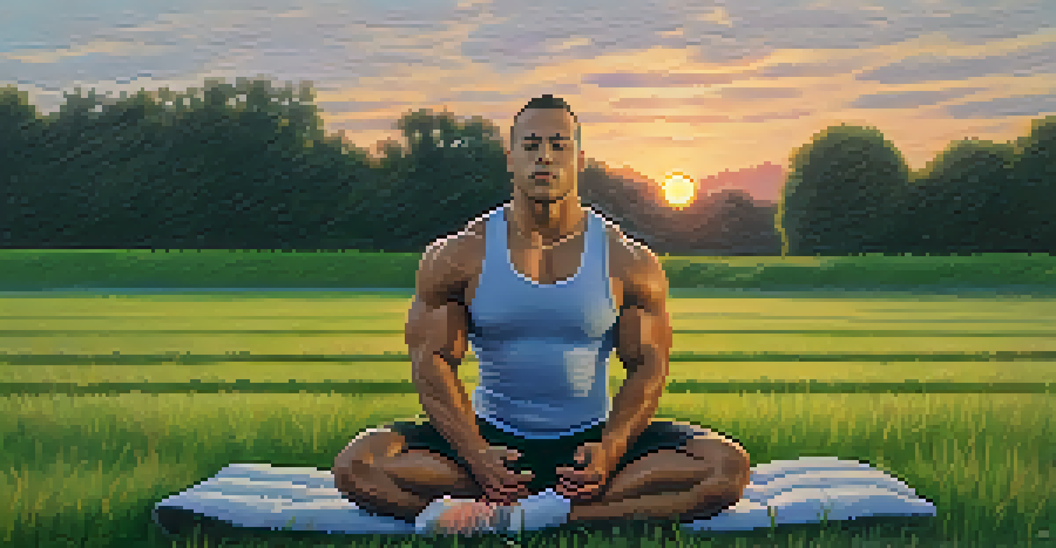A powerlifter meditating on a grassy field at sunset, wearing workout gear, with a relaxed expression symbolizing mindfulness and recovery.