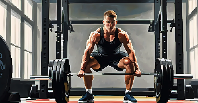 A determined athlete in a gym, preparing to lift a barbell with proper stance and focus.