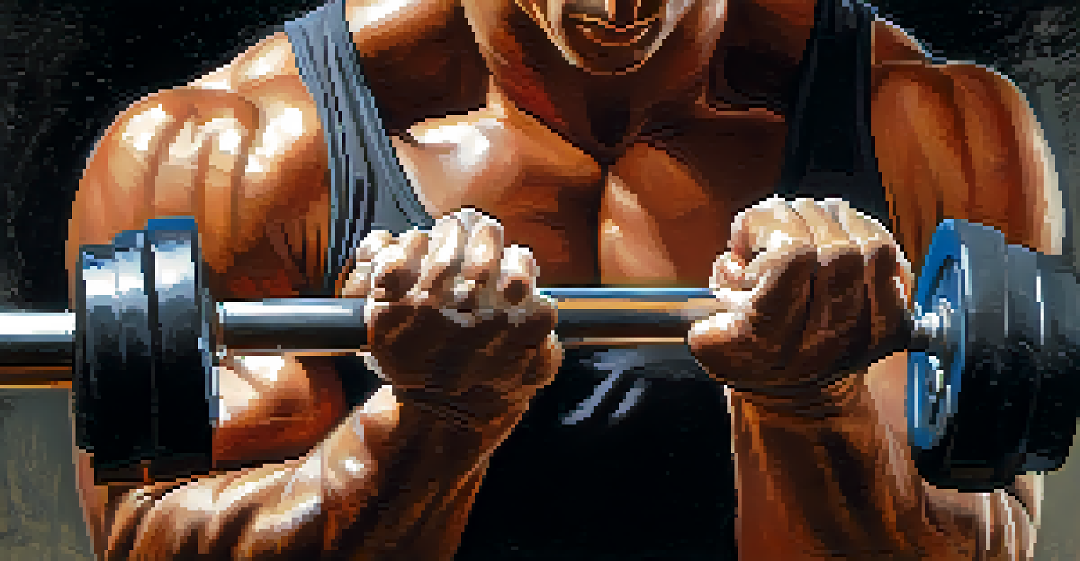 Close-up image of a powerlifter's hands gripping a barbell, highlighting the texture and strength required for lifting.