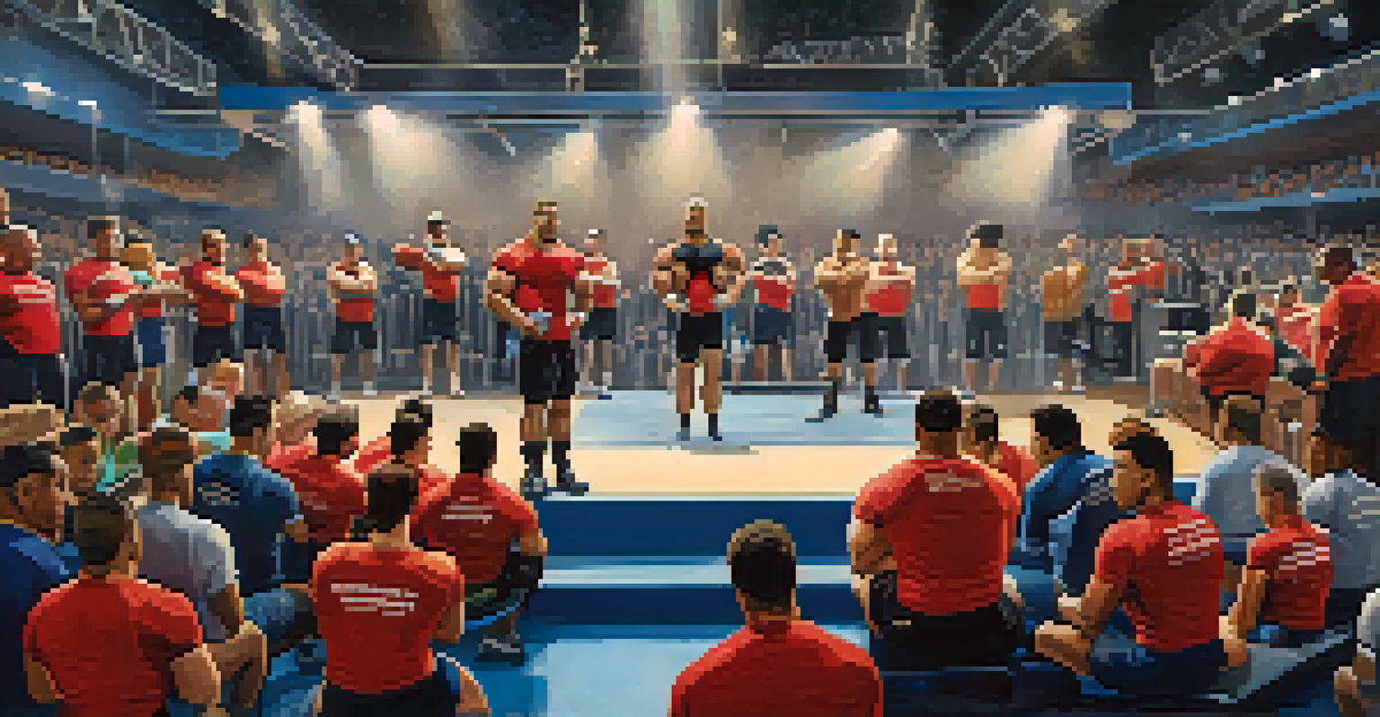 Athletes in a powerlifting competition preparing for their lifts, with one sipping water and another checking a hydration plan.