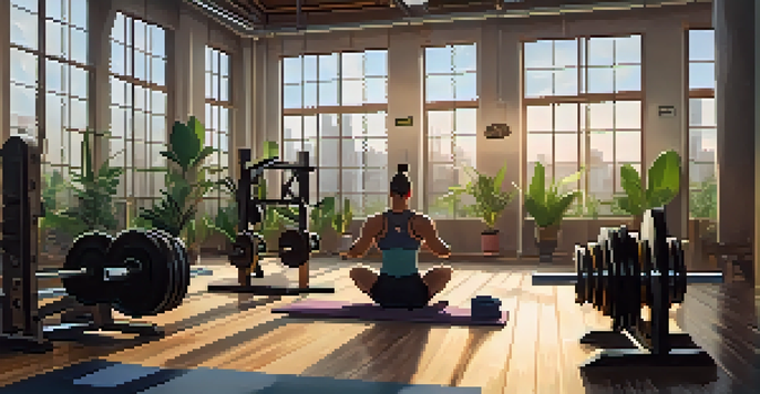 A powerlifter practicing mindfulness in a serene gym with soft golden light, weights in the background, and plants.