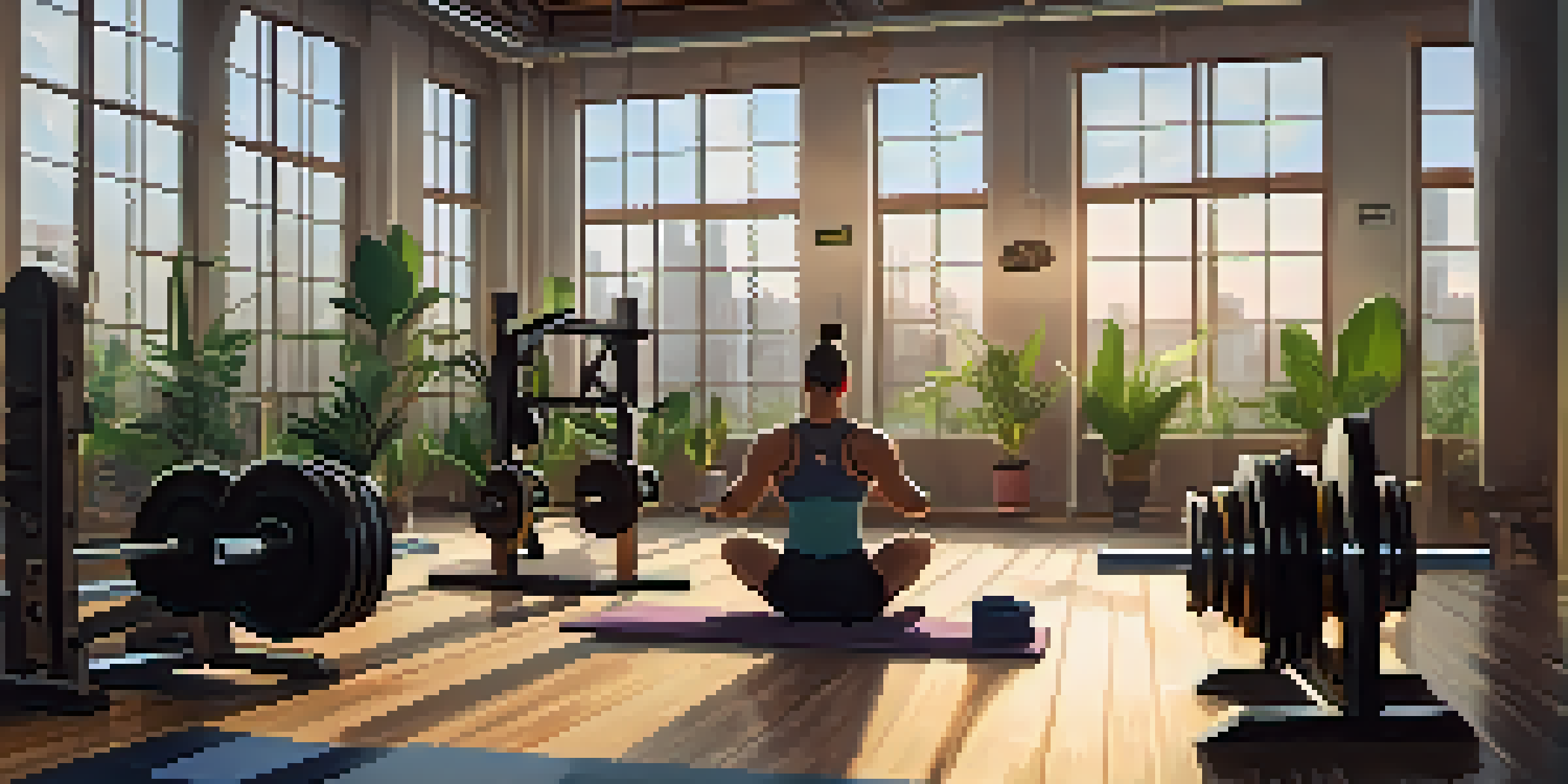 A powerlifter practicing mindfulness in a serene gym with soft golden light, weights in the background, and plants.