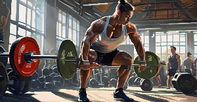 A muscular powerlifter squatting with a loaded barbell in a bright gym filled with natural light and other gym-goers.