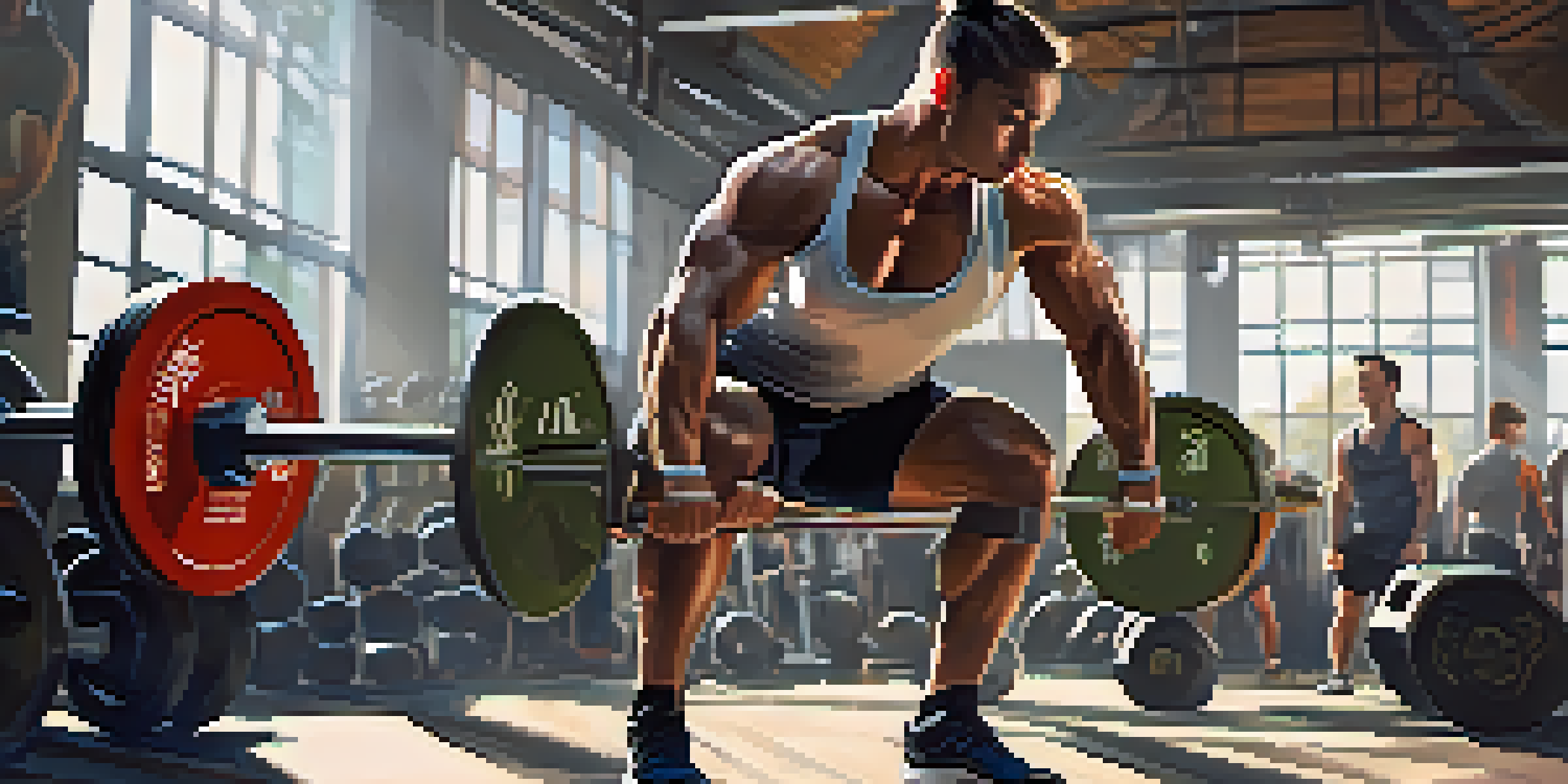 A muscular powerlifter squatting with a loaded barbell in a bright gym filled with natural light and other gym-goers.