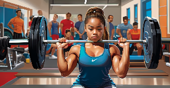 A young powerlifter preparing to lift a barbell in a bright gym, showcasing determination and focus, with a supportive coach in the background.