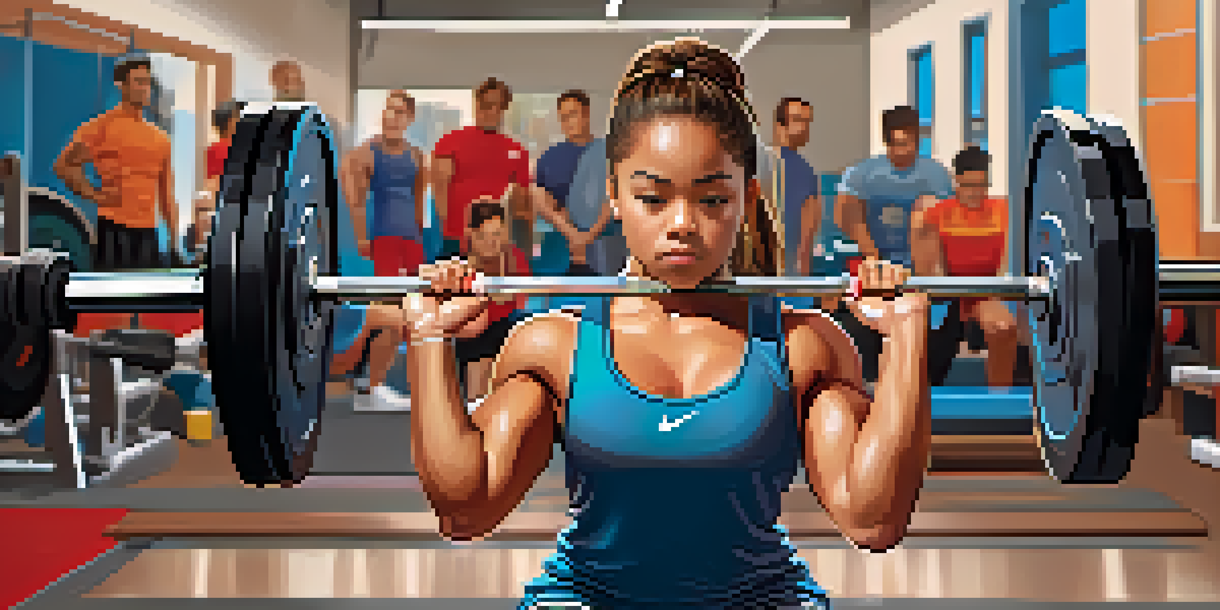 A young powerlifter preparing to lift a barbell in a bright gym, showcasing determination and focus, with a supportive coach in the background.
