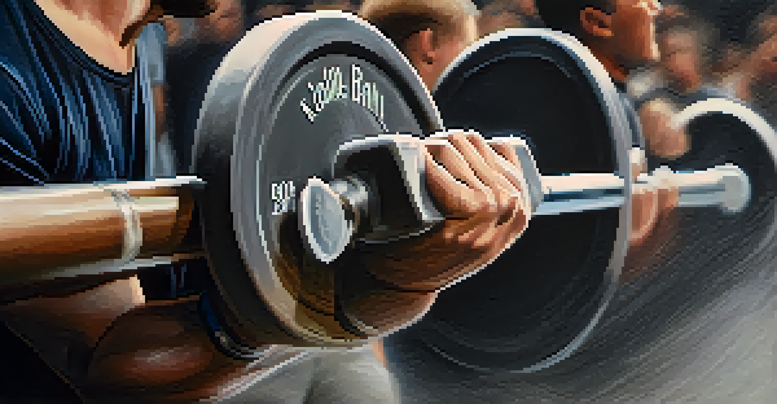 A close-up of a barbell being gripped by a lifter, with chalk dust in the air and focused lifters in the background.