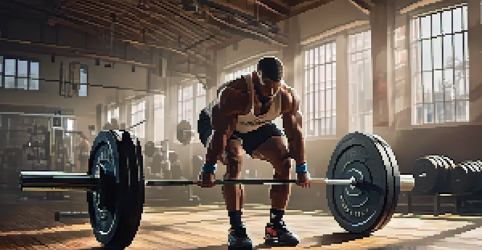A focused powerlifter performing a deadlift in a gym with natural lighting, surrounded by gym equipment and motivational posters.
