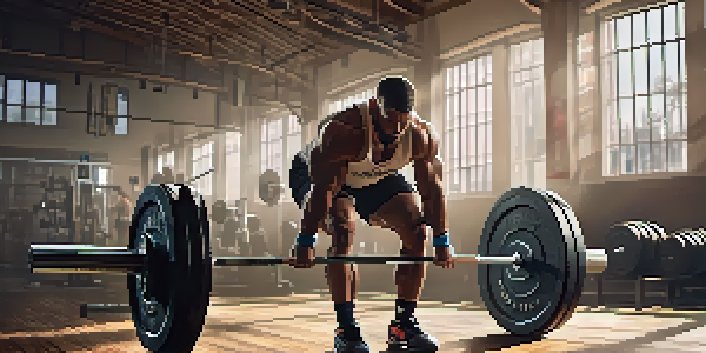 A focused powerlifter performing a deadlift in a gym with natural lighting, surrounded by gym equipment and motivational posters.