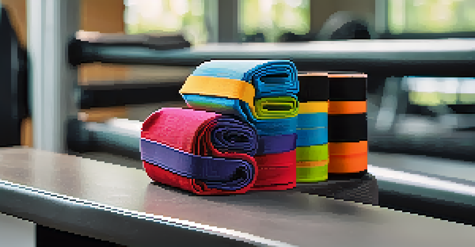 A comparison image of colorful knee wraps and smooth knee sleeves on a gym bench, with equipment in the background.