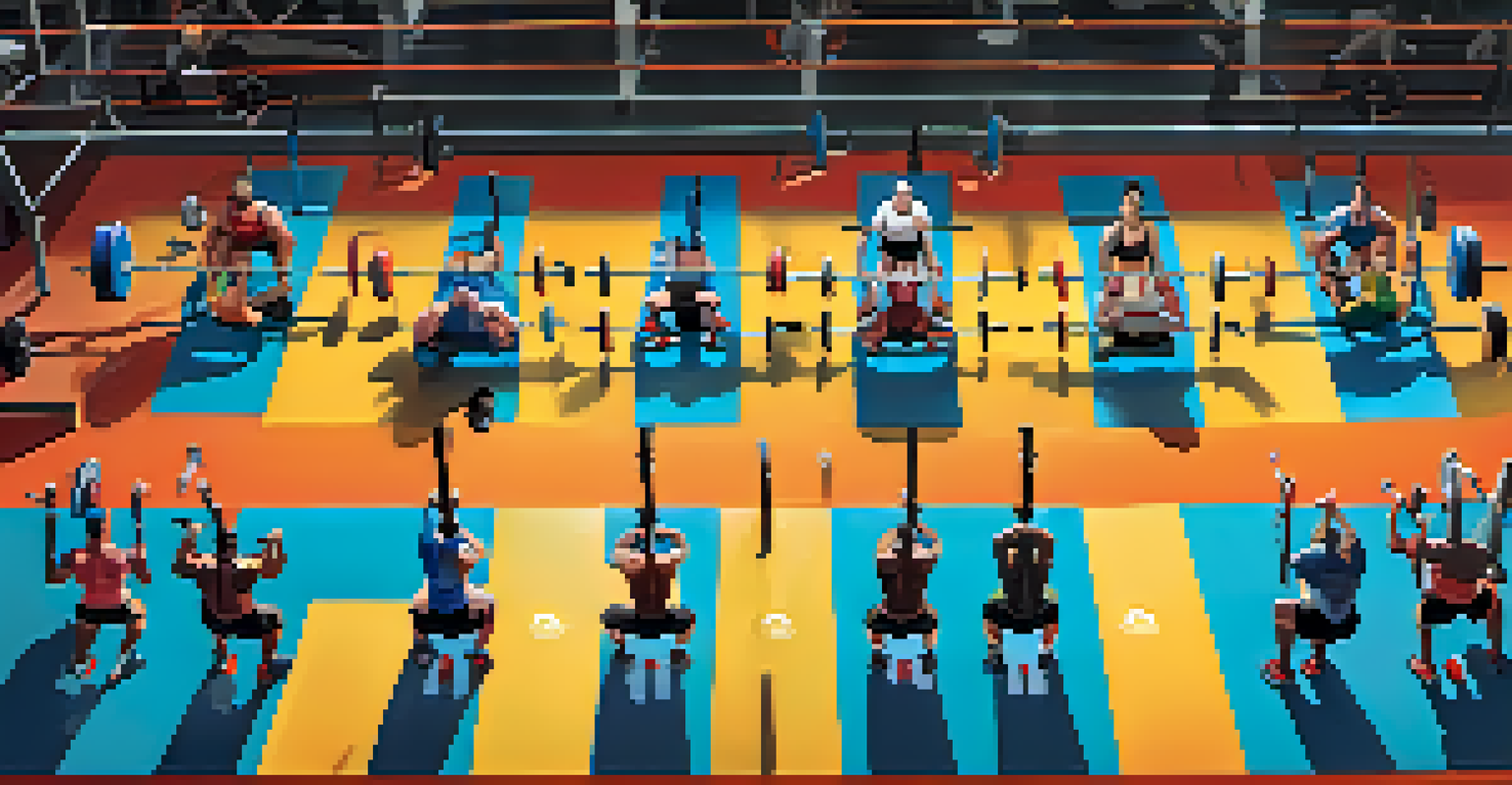 Overhead view of a powerlifting training session with athletes lifting weights and colorful gym equipment.