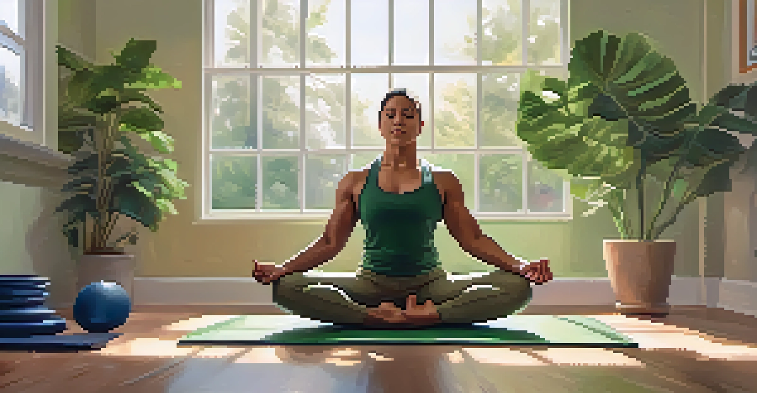 A powerlifter meditating on a yoga mat in a tranquil gym corner, surrounded by plants and natural light.