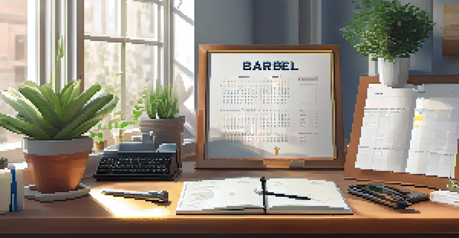 A wooden desk with an open planner and a barbell set in the background, illuminated by soft morning light.