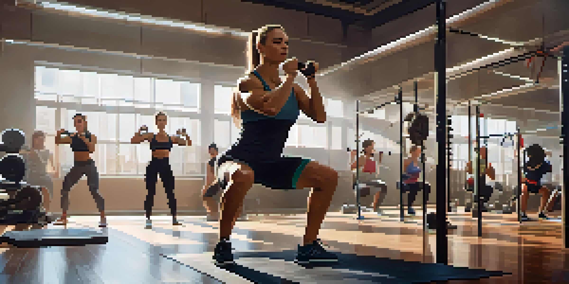 A diverse group of people in a gym performing squats, focusing on proper form and using resistance bands.