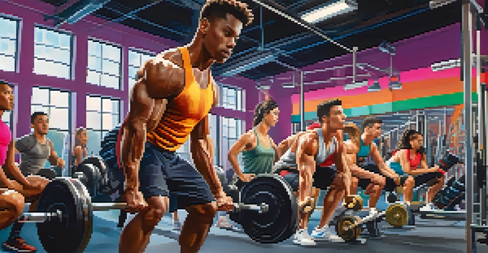 A diverse group of athletes in a gym, with a young man lifting weights and a woman doing squats, showcasing strength training.