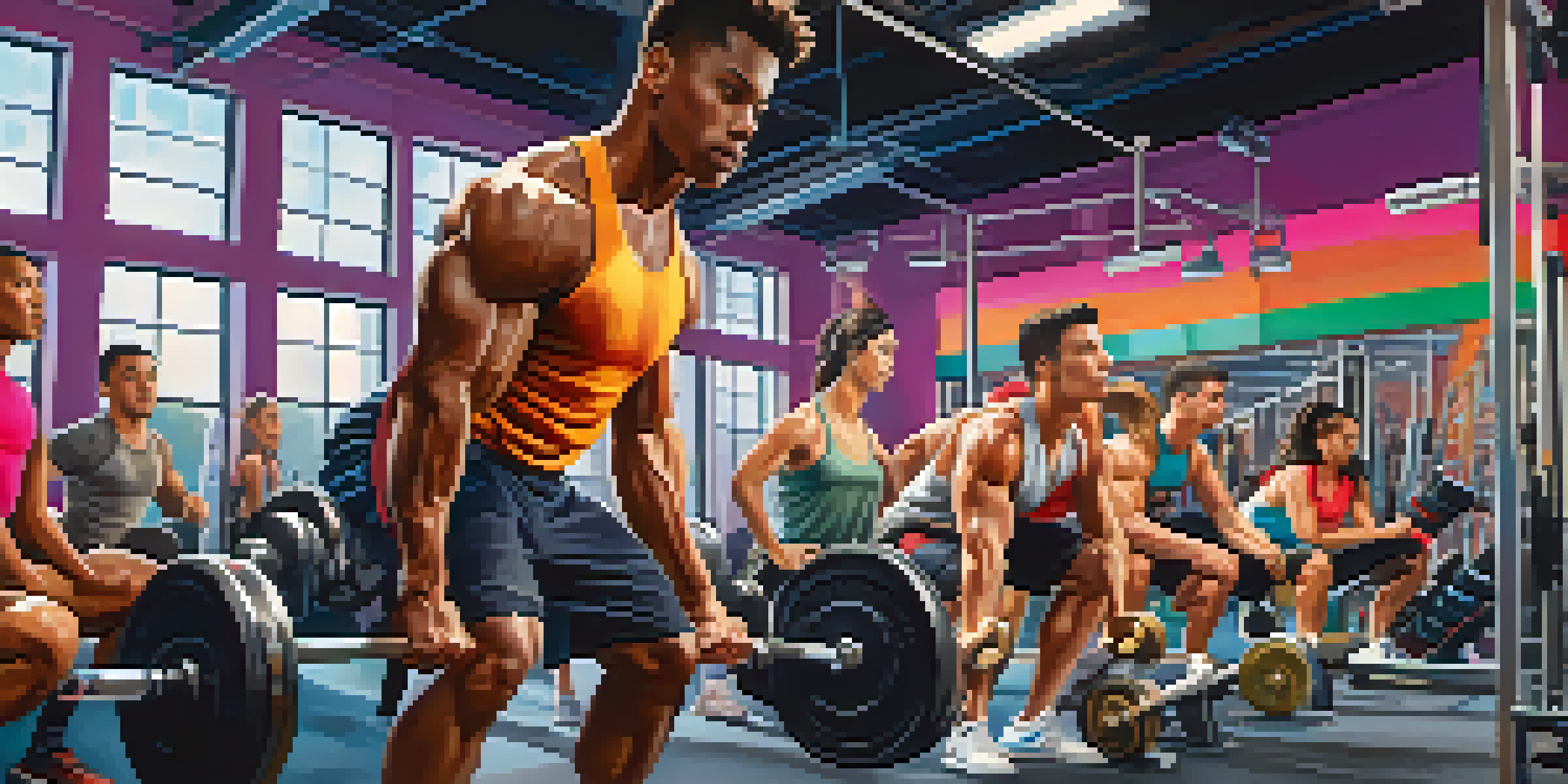 A diverse group of athletes in a gym, with a young man lifting weights and a woman doing squats, showcasing strength training.