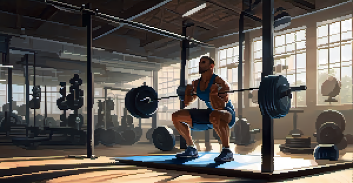 A powerlifter in a gym, focused on a barbell, with natural light streaming in, creating a calm atmosphere.