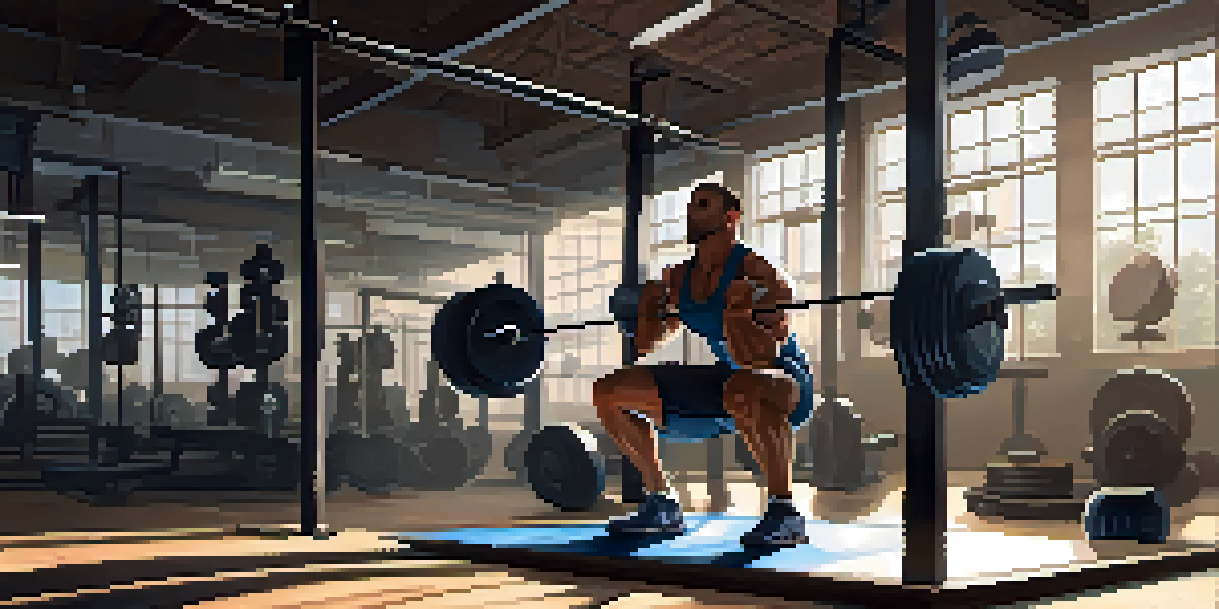 A powerlifter in a gym, focused on a barbell, with natural light streaming in, creating a calm atmosphere.
