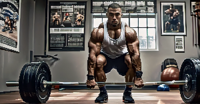 A powerlifter squatting in a gym, showcasing strength and focus with gym equipment in the background.