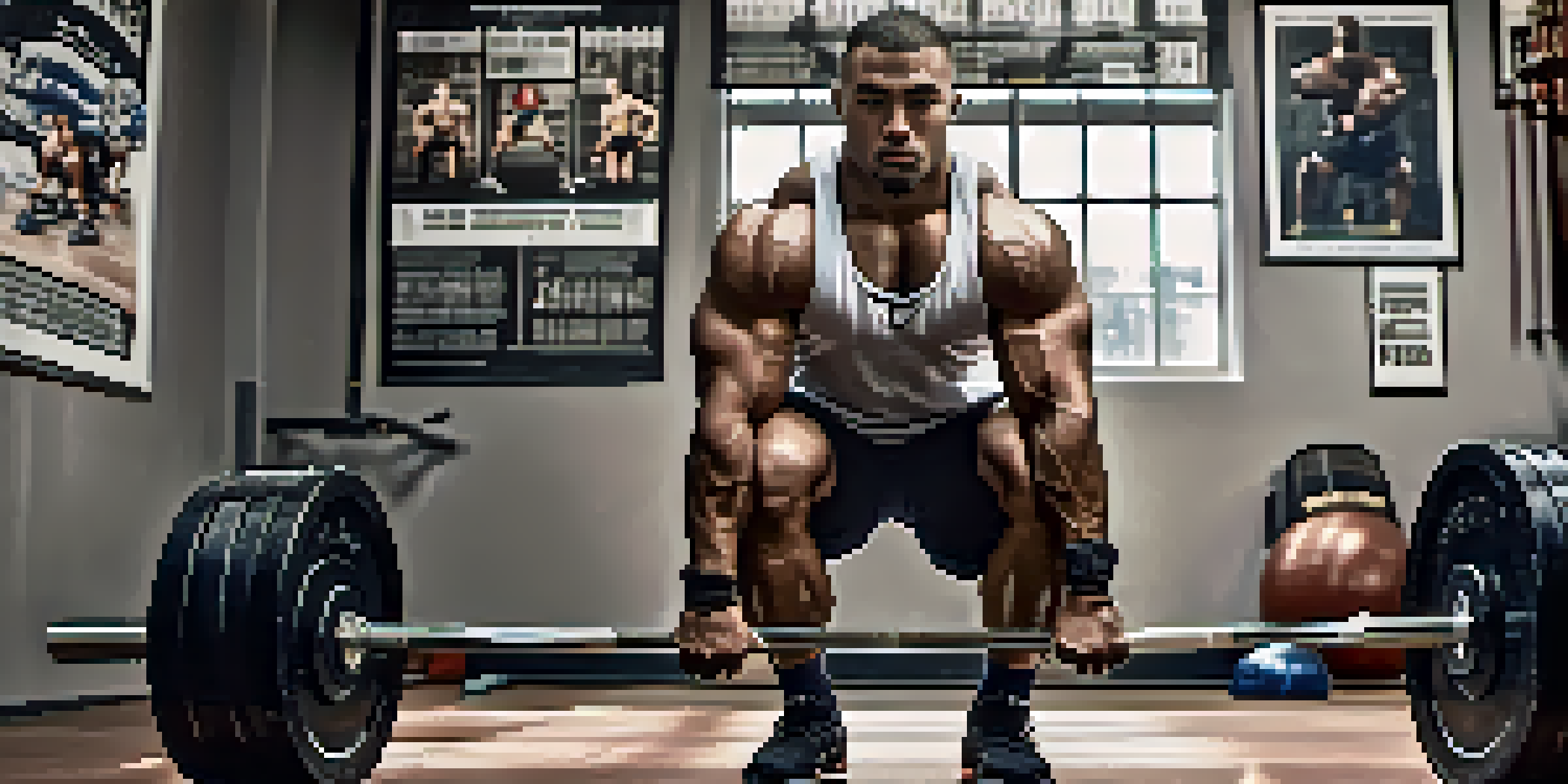 A powerlifter squatting in a gym, showcasing strength and focus with gym equipment in the background.
