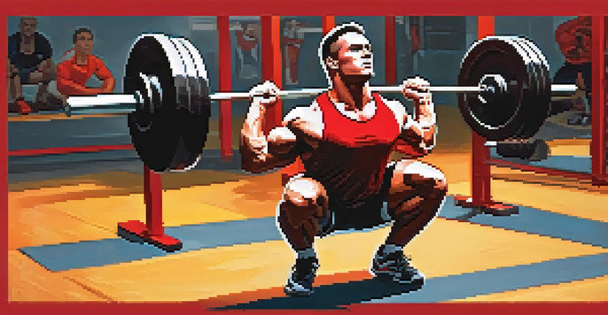 A muscular athlete performing a squat with proper form in a well-lit gym, surrounded by gym equipment.
