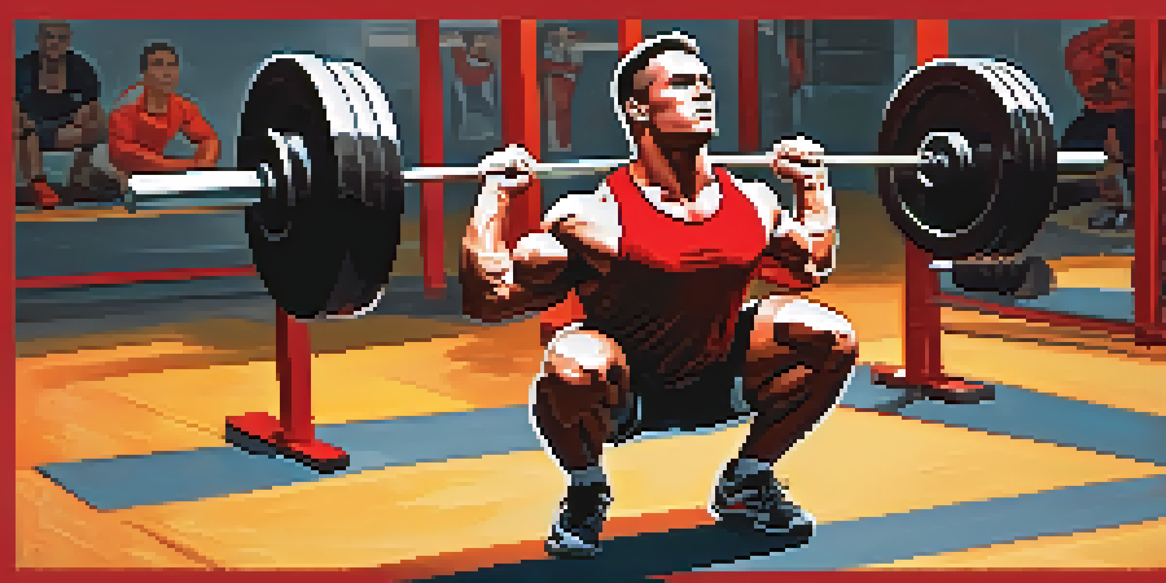 A muscular athlete performing a squat with proper form in a well-lit gym, surrounded by gym equipment.