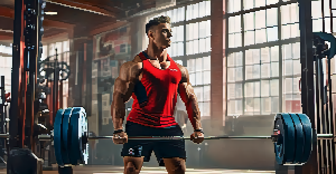 A focused powerlifter lifting a heavy barbell in a bright gym, with sunlight casting shadows and motivational posters in the background.