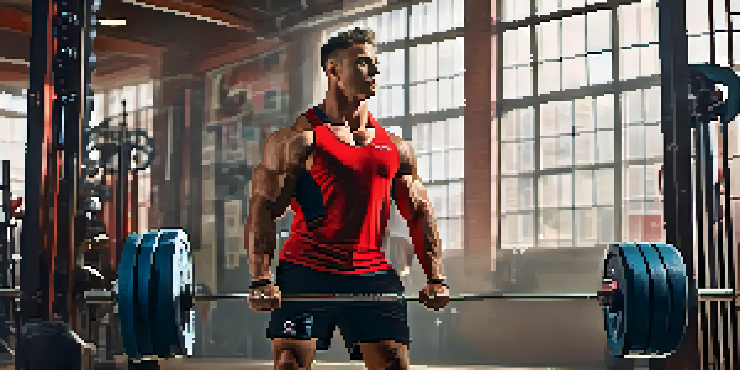 A focused powerlifter lifting a heavy barbell in a bright gym, with sunlight casting shadows and motivational posters in the background.