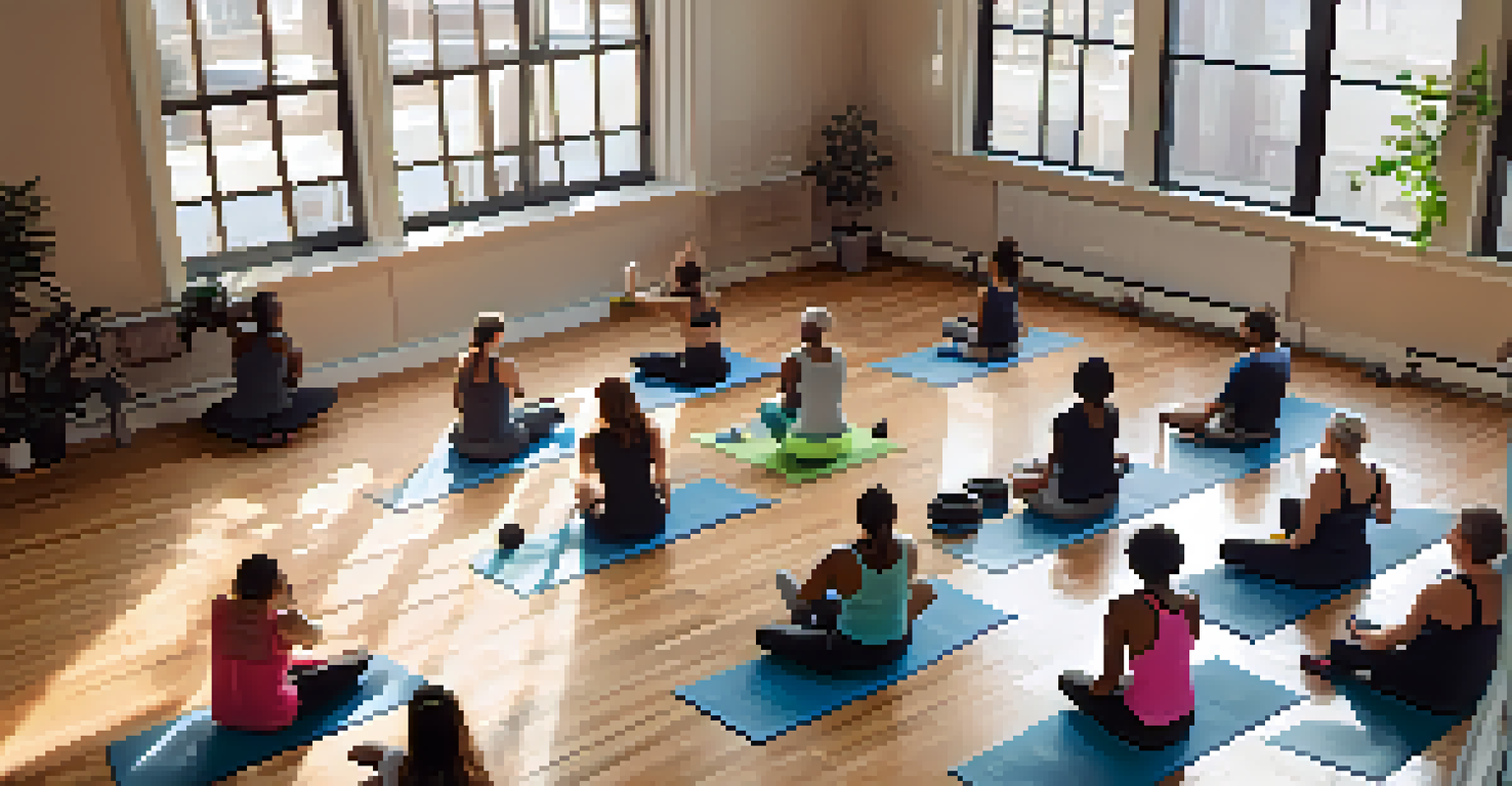 An overhead view of a diverse group of people in a pause squat class, showcasing different body types and ages in a well-lit studio.