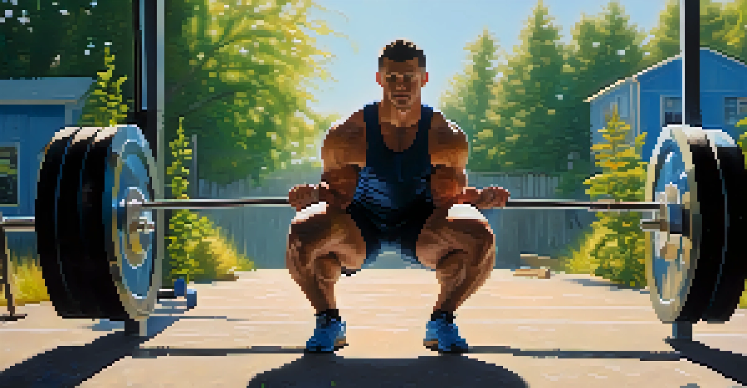 A powerlifter squatting with a barbell in an outdoor setting, surrounded by nature.