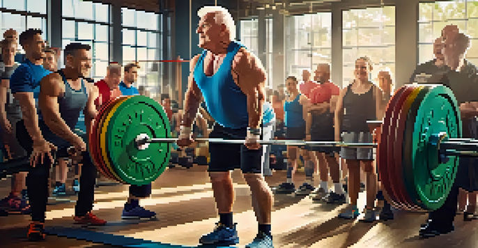 An elderly person lifting a barbell in a gym, surrounded by supportive friends and colorful weights.