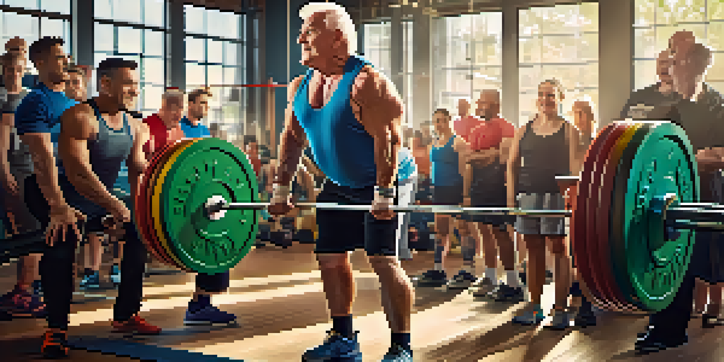 An elderly person lifting a barbell in a gym, surrounded by supportive friends and colorful weights.