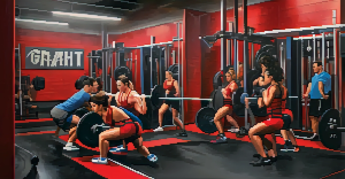 A female powerlifter with a red lifting belt squatting in a brightly lit gym, surrounded by motivational posters and weightlifting equipment.