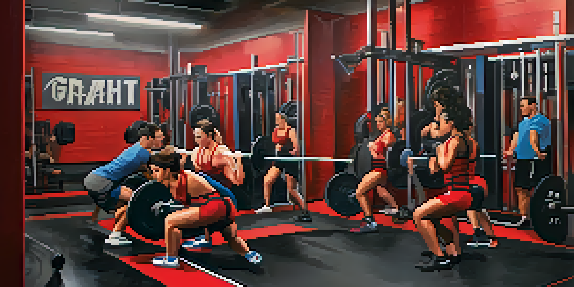 A female powerlifter with a red lifting belt squatting in a brightly lit gym, surrounded by motivational posters and weightlifting equipment.