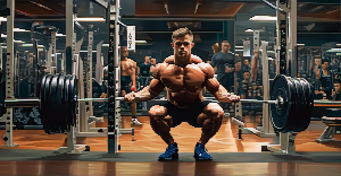 A muscular powerlifter in a gym performing a squat with a barbell, showcasing strong posture and determination.