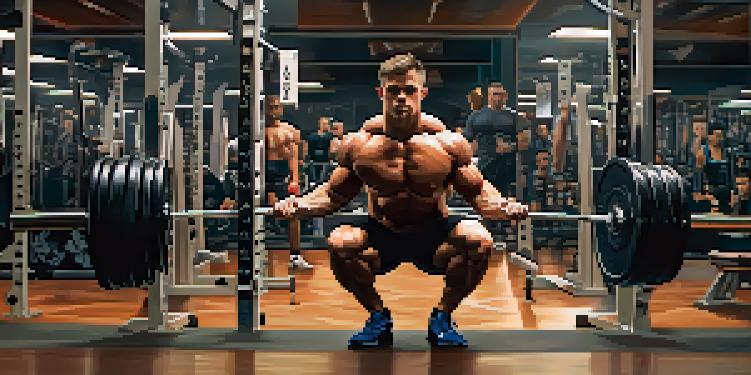 A muscular powerlifter in a gym performing a squat with a barbell, showcasing strong posture and determination.