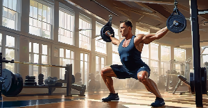 A powerlifter performing dynamic stretches like leg swings and arm circles in a well-lit gym, surrounded by equipment.